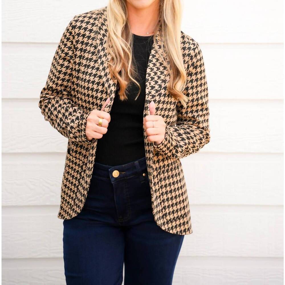 NEW DOE AND RAE houndstooth jacquard blazer in mocha/black